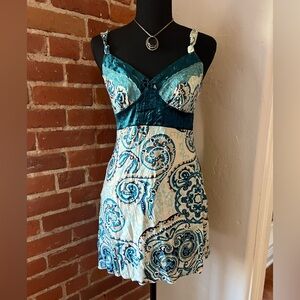 Bisou Bisou Teal Velvet Paisley Slip Dress XS | Y2K Lingeriecore Fairycore